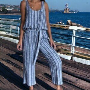 NWOT CLOTH & STONE (MED) Linen Blend Blue Striped Jumpsuit with raw edge on hem.
